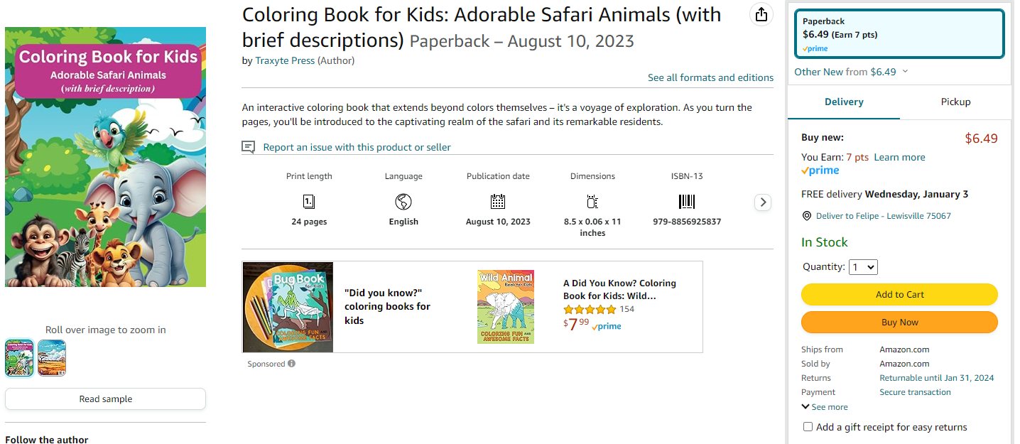 Coloring Book for Kids: Adorable Safari Animals (with brief descriptions)