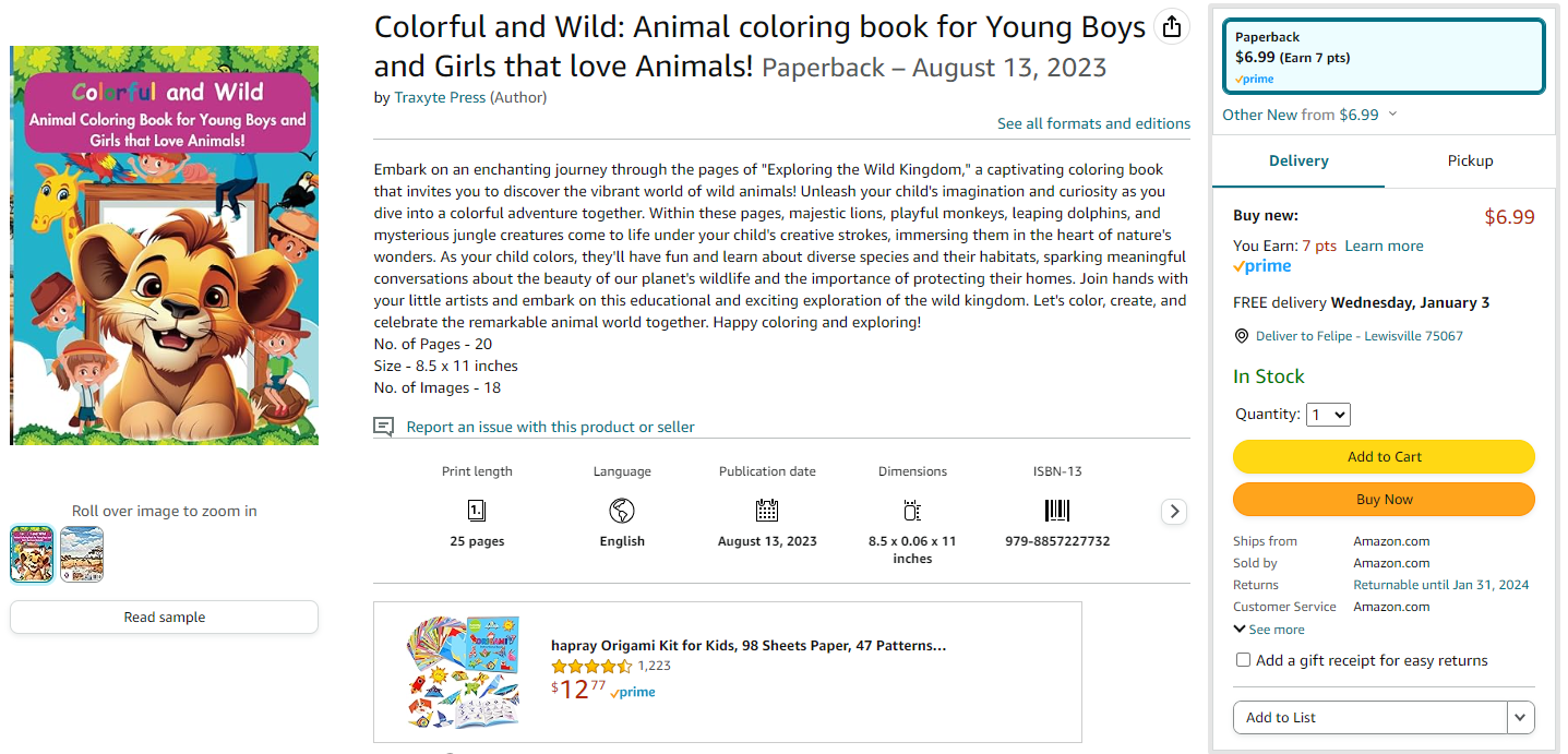 Colorful and Wild: Animal coloring book for Young Boys and Girls that love Animals!